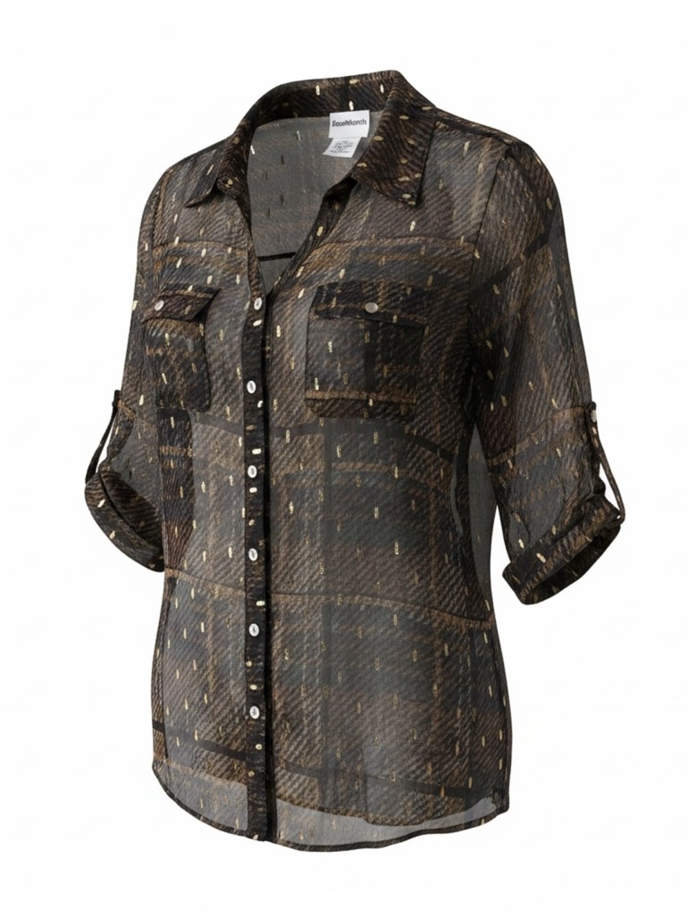 BonWorth Sheer Plaid Button-Down Blouse in Black and Brown with Gold Accents